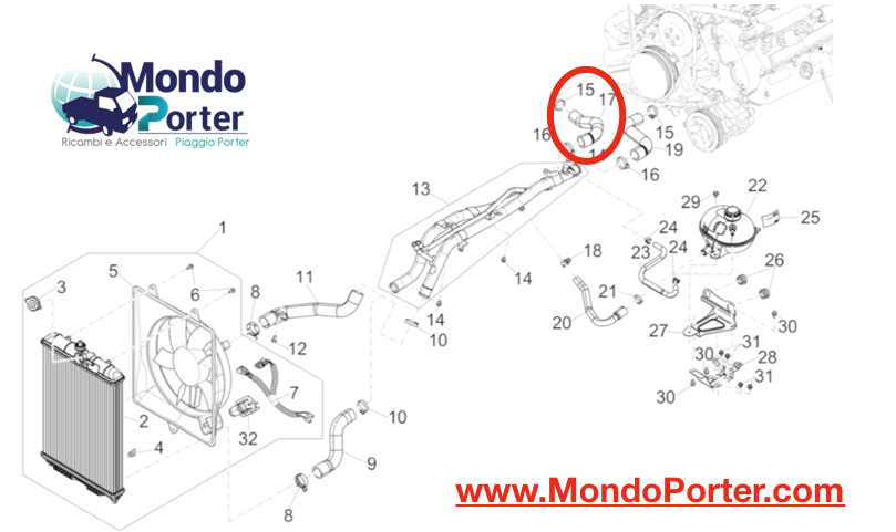 Manicotto Acqua Superiore Dx Piaggio Porter Multitech E6 DAM13R - Mondo Porter