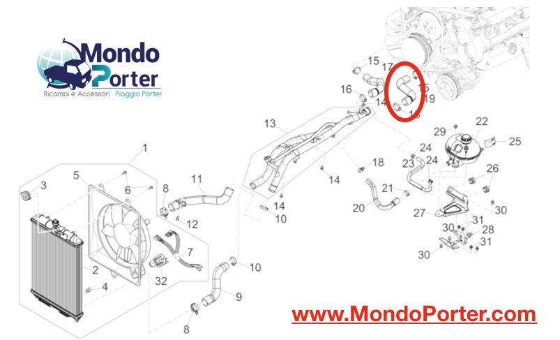 Manicotto Acqua Superiore Sx Piaggio Porter Multitech E6 DAM13R - Mondo Porter